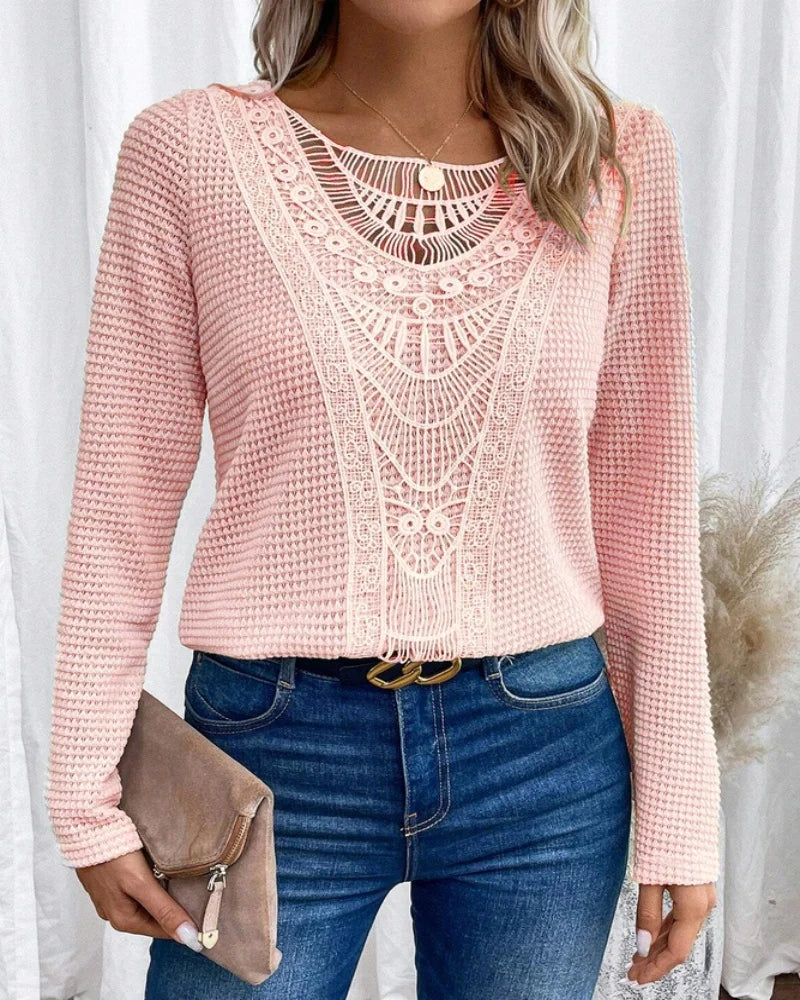 Effortless Waffle Knit Blouse for Women with Crochet Lace Long Sleeve Relaxed Boho Style