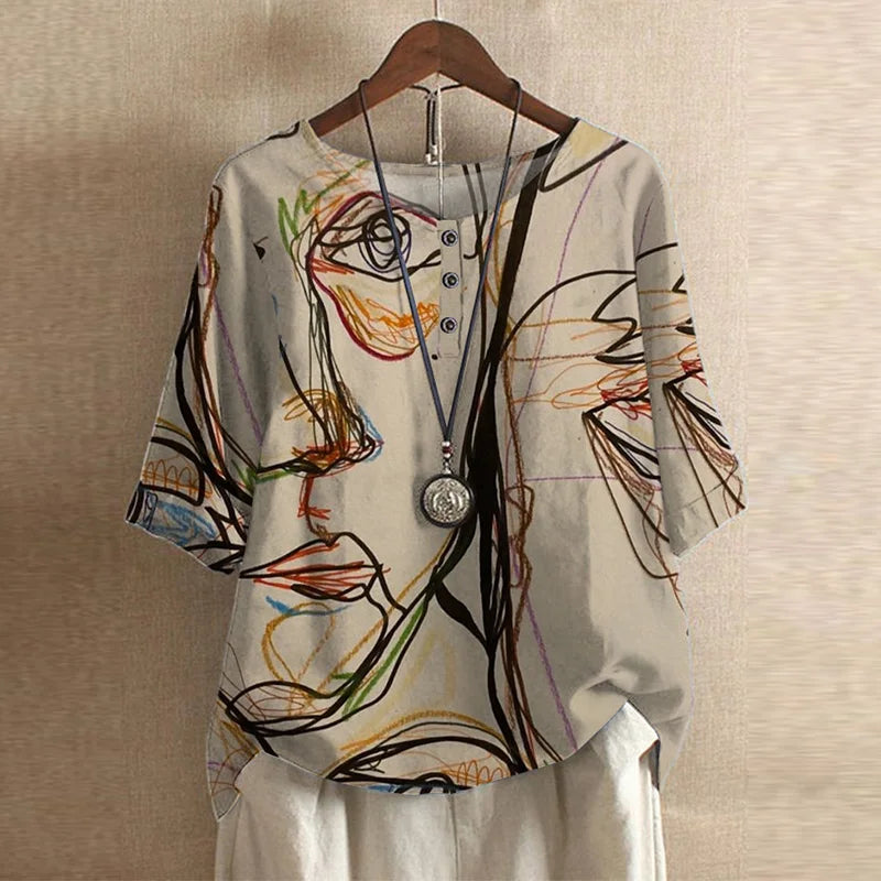 Effortless Patchwork Print Blouse for Women with Round Neck Half Sleeve Button Detail Boho Style