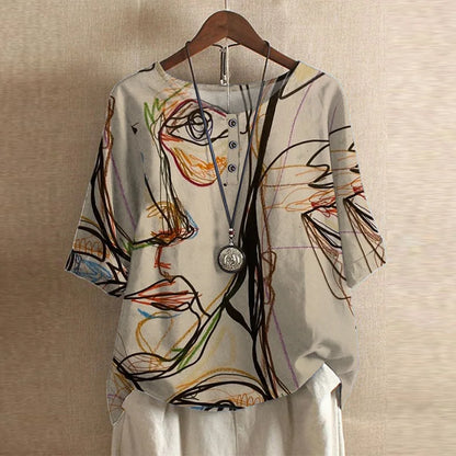 Effortless Patchwork Print Blouse for Women with Round Neck Half Sleeve Button Detail Boho Style