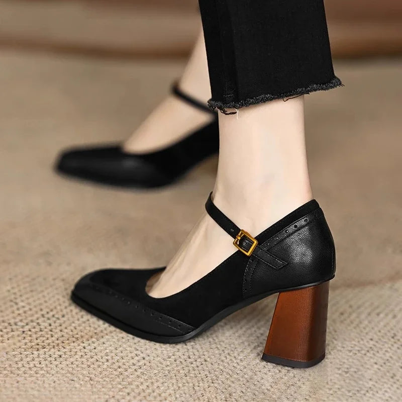Elegant Leather Suede Mary Jane Pumps for Women with Buckle Strap Brogue Trim Block Heel Casual Style