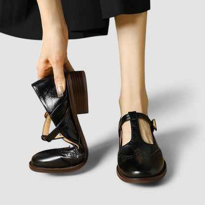 Elegant Leather Mary Jane Shoe for Women with T Strap Buckle Wingtip Brogue Style