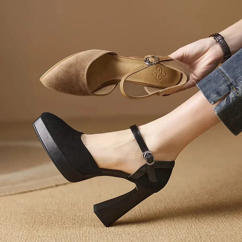Stylish Suede Platform Pumps for Women with Mary Jane Buckle Strap Chunky Heel Style
