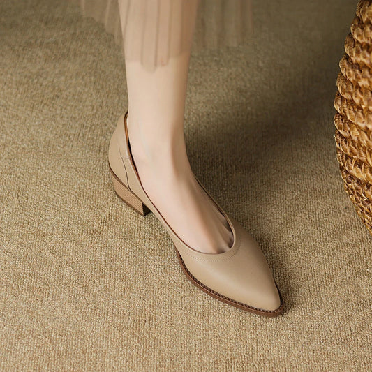 Elegant Leather Block Heel Pump for Women with Pointed Toe Slip On V Cut Casual Style