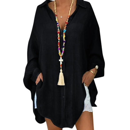 Effortless Linen Button Down Blouse for Women with Collar Long Sleeve Oversized High Low Relaxed Style