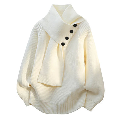 Comfortable Knit Sweater for Women with Asymmetrical Collar Batwing Sleeve Button Detail Relaxed Style