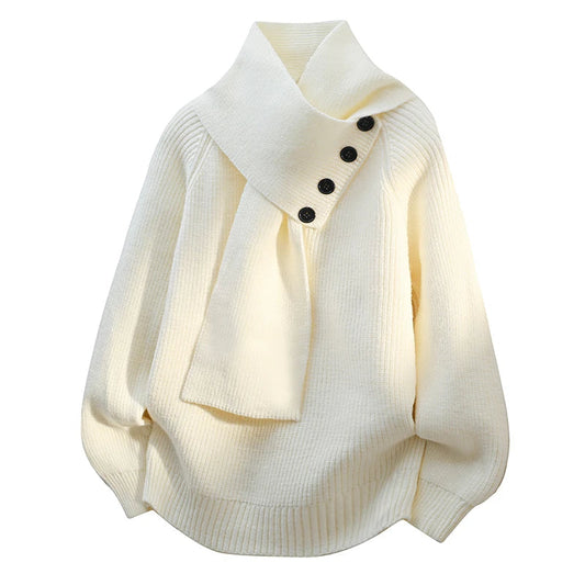 Comfortable Knit Sweater for Women with Asymmetrical Collar Batwing Sleeve Button Detail Relaxed Style