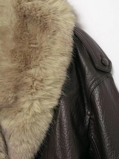 Stylish Leather Bomber Jacket for Women with Faux Fur Collar Long Sleeve Snap Button Relaxed Style