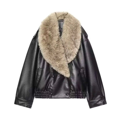 Stylish Leather Bomber Jacket for Women with Faux Fur Collar Long Sleeve Snap Button Relaxed Style