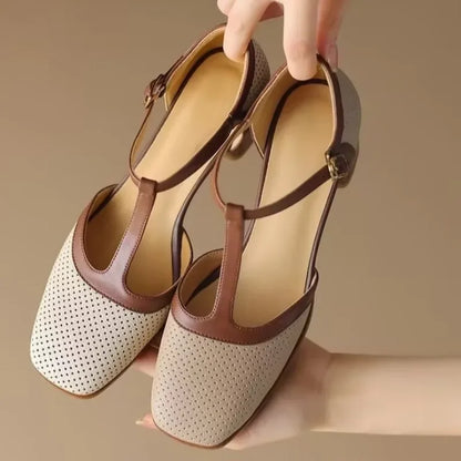 Elegant Perforated Leather Mary Jane Heels for Women with Square Toe T Strap Buckle Block Heel Style