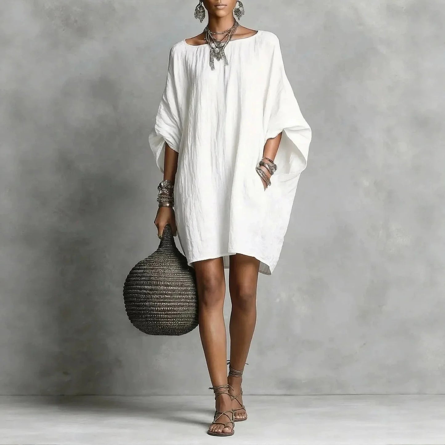 Effortless Linen Mini Dress for Women with Scoop Neck Batwing Sleeve Oversized Boho Style