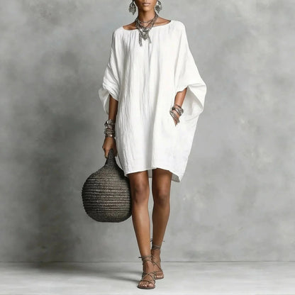 Effortless Linen Mini Dress for Women with Scoop Neck Batwing Sleeve Oversized Boho Style