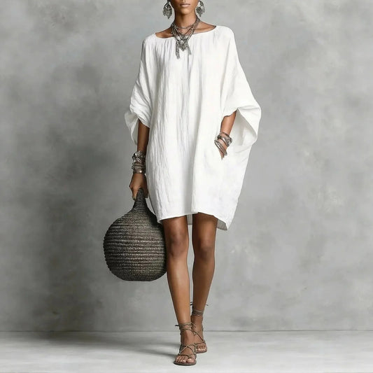 Effortless Linen Mini Dress for Women with Scoop Neck Batwing Sleeve Oversized Boho Style