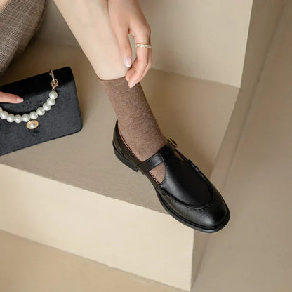 Elegant Leather Mary Jane Flats for Women with Round Toe T Strap Buckle Vintage Style
