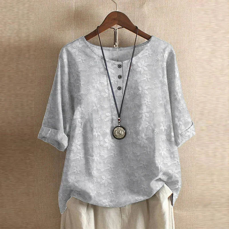 Effortless Patchwork Print Blouse for Women with Round Neck Half Sleeve Button Detail Boho Style