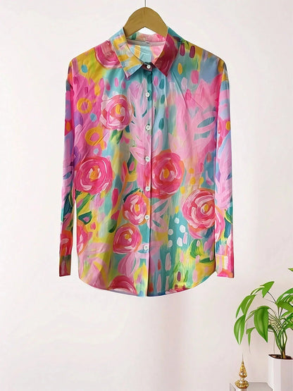 Effortless Floral Print Blouse for Women with V Neck Long Sleeve Button Front Relaxed Style