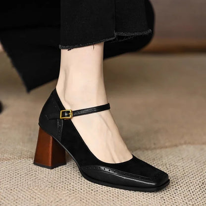 Elegant Leather Suede Mary Jane Pumps for Women with Buckle Strap Brogue Trim Block Heel Casual Style