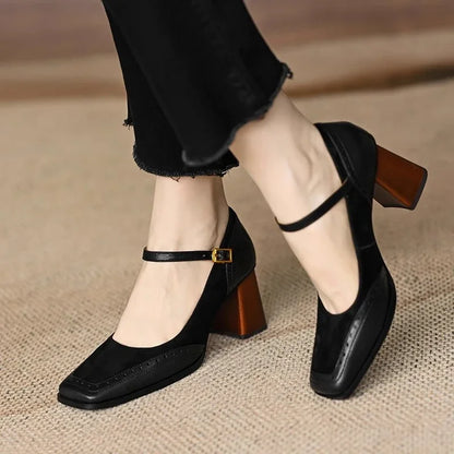 Elegant Leather Suede Mary Jane Pumps for Women with Buckle Strap Brogue Trim Block Heel Casual Style