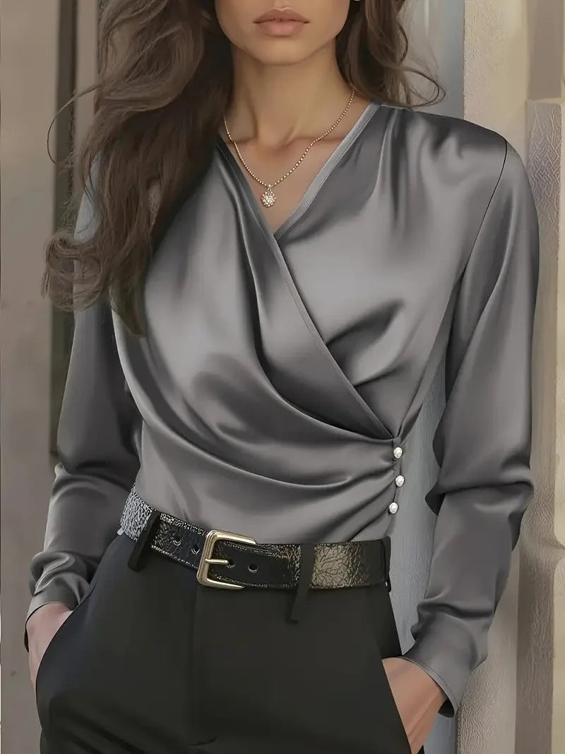 Elegant Satin Wrap Blouse for Women with V Neck Long Sleeve Button Detail Silky Style