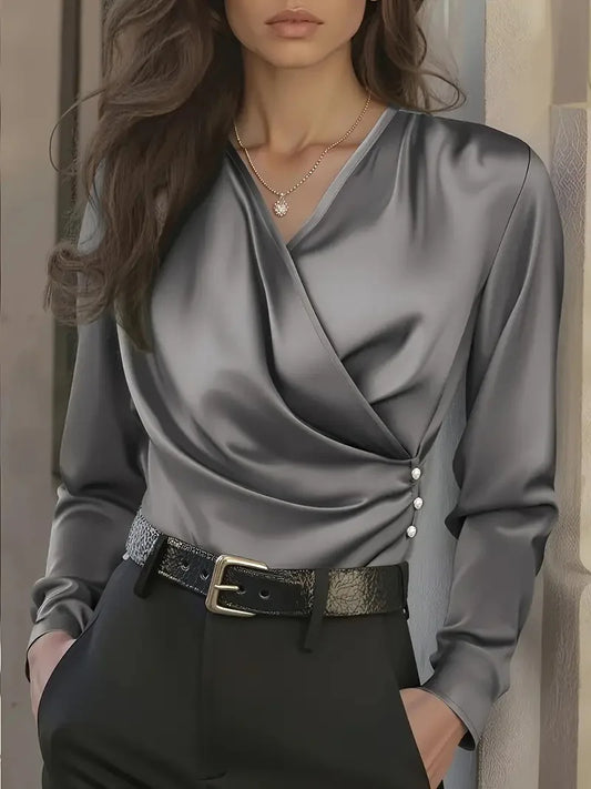 Elegant Satin Wrap Blouse for Women with V Neck Long Sleeve Button Detail Silky Style