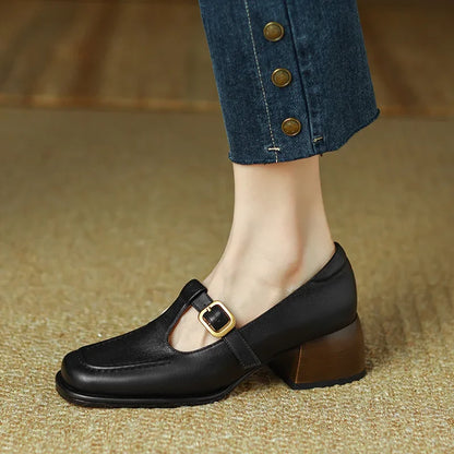 Elegant Leather Mary Jane Loafers for Women with T Strap Buckle Square Toe Block Heel Vintage Style