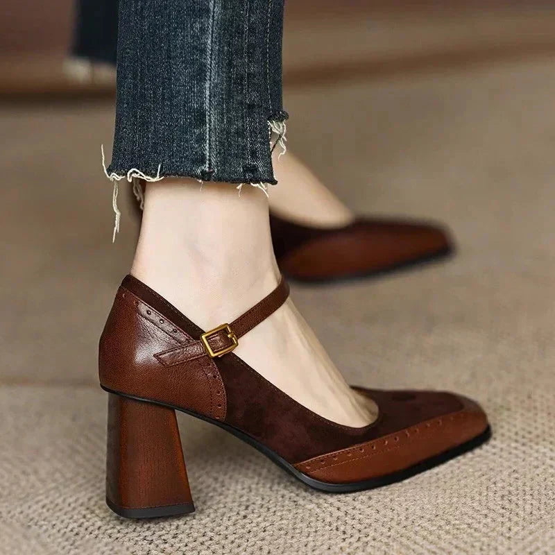 Elegant Leather Suede Mary Jane Pumps for Women with Buckle Strap Brogue Trim Block Heel Casual Style