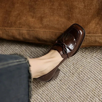 Elegant Patent Leather Tassel Loafer for Women with Block Heel Bow Fringe Detail Classic Style