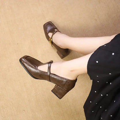 Elegant Leather Mary Jane Pumps for Women with Square Toe T Strap Block Heel Vintage Style