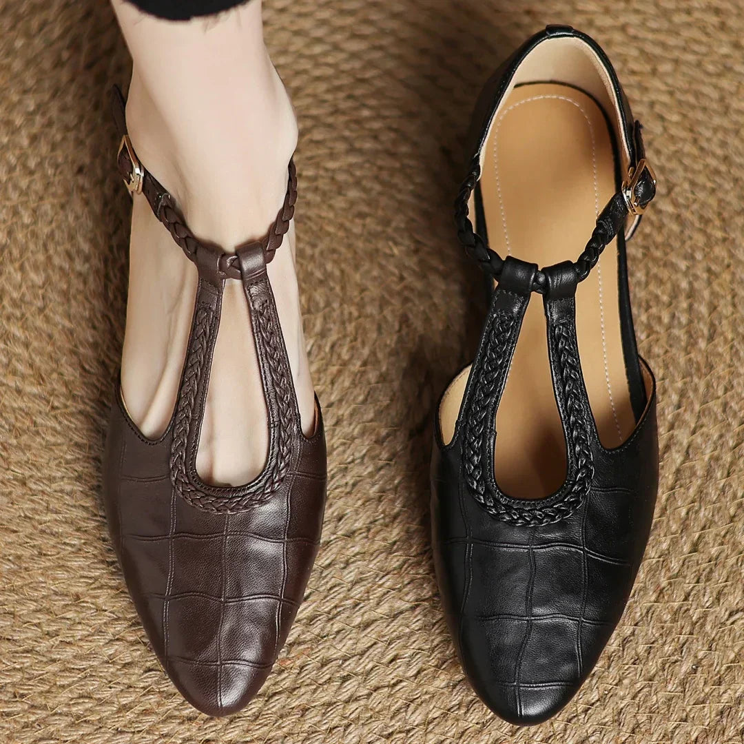 Elegant Croc Embossed Leather T-Strap Flats for Women with Pointed Toe Braided Strap Block Heel Style
