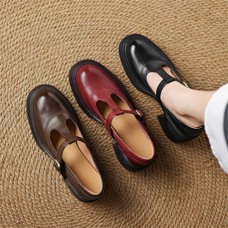 Stylish Leather Mary Jane Shoes for Women with T Strap Buckle Platform Chunky Heel Vintage Style