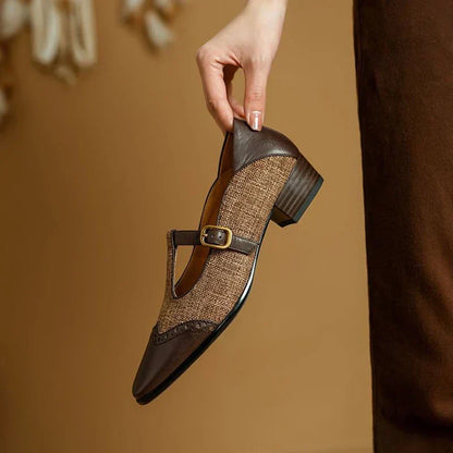 Elegant Tweed Mary Jane Flat for Women with T Strap Buckle Brogue Wingtip Style