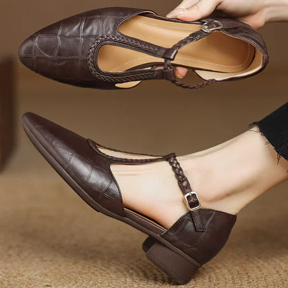 Elegant Croc Embossed Leather T-Strap Flats for Women with Pointed Toe Braided Strap Block Heel Style