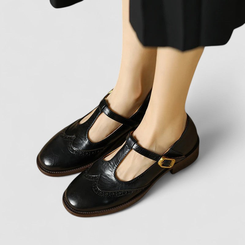 Elegant Leather Mary Jane Shoe for Women with T Strap Buckle Wingtip Brogue Style