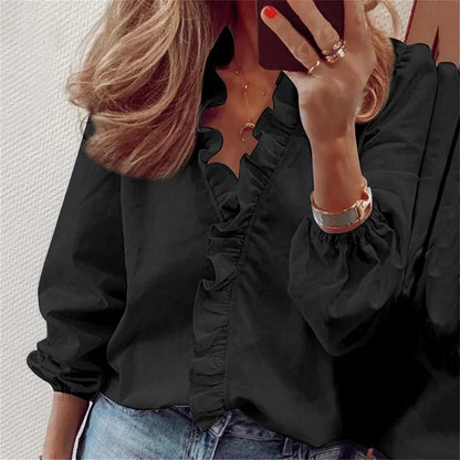 Effortless Ruffle Trim Blouse for Women with V Neck Long Sleeve Elastic Cuff Casual Style