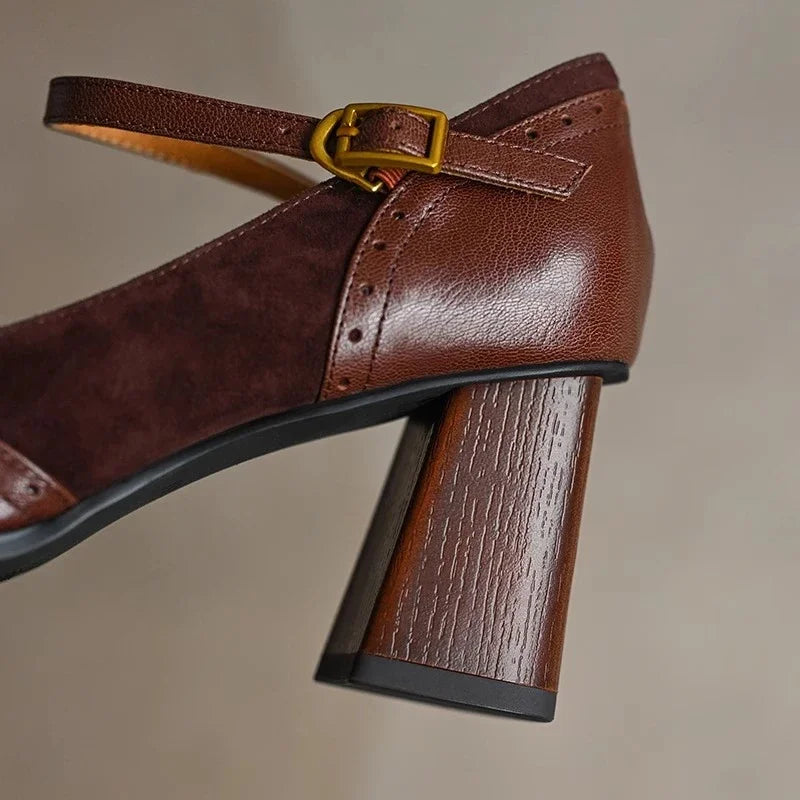 Elegant Leather Suede Mary Jane Pumps for Women with Buckle Strap Brogue Trim Block Heel Casual Style