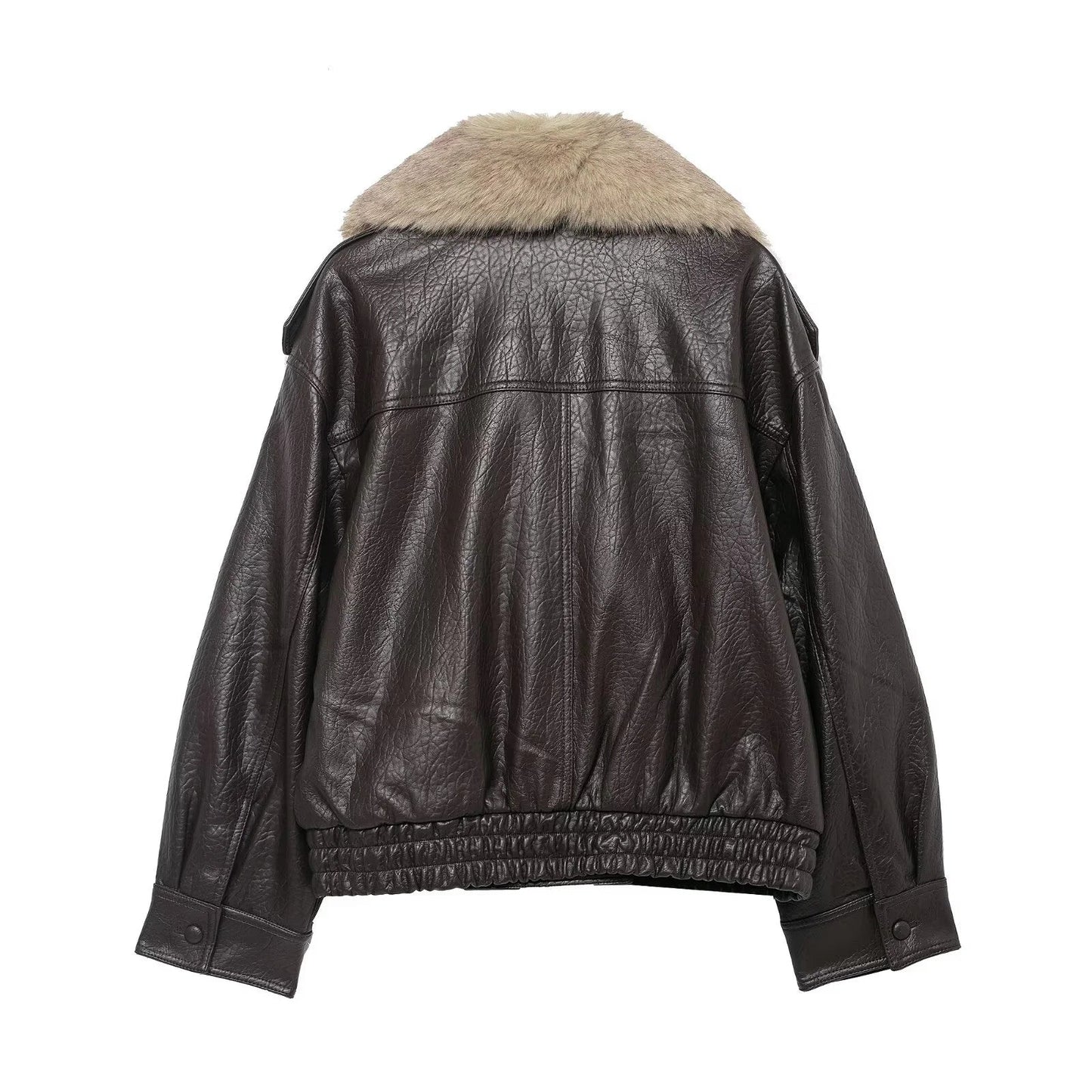 Stylish Leather Bomber Jacket for Women with Faux Fur Collar Long Sleeve Snap Button Relaxed Style