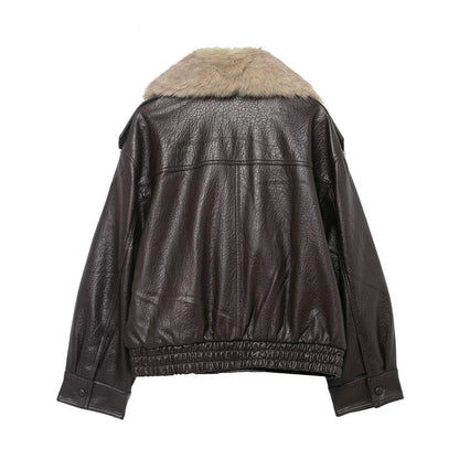 Stylish Leather Bomber Jacket for Women with Faux Fur Collar Long Sleeve Snap Button Relaxed Style