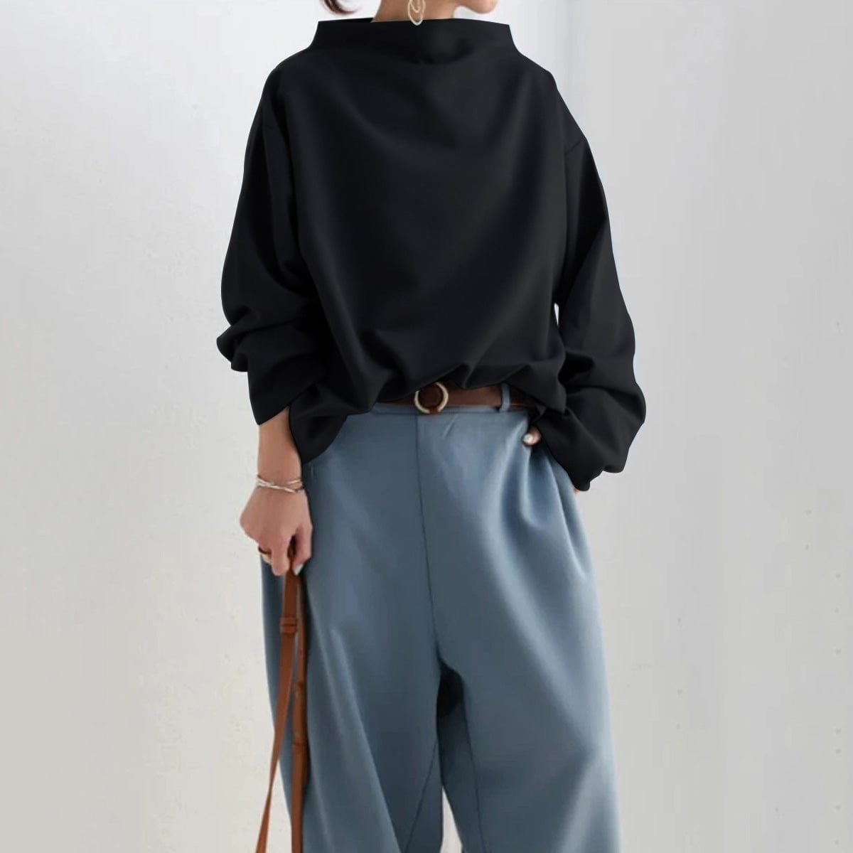 Comfortable Oversized Blouse for Women with High Neck Balloon Sleeve Relaxed Knit Style