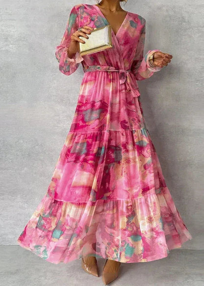 Effortless Pink Watercolor Maxi Dress for Women with V Neck Bell Sleeve Wrap Tiered Ruffle Bohemian Style