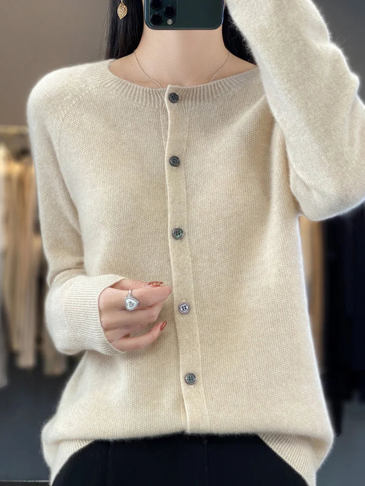 Comfortable Cardigan Sweater for Women with Round Neck Long Sleeve Button Front Relaxed Knit Style
