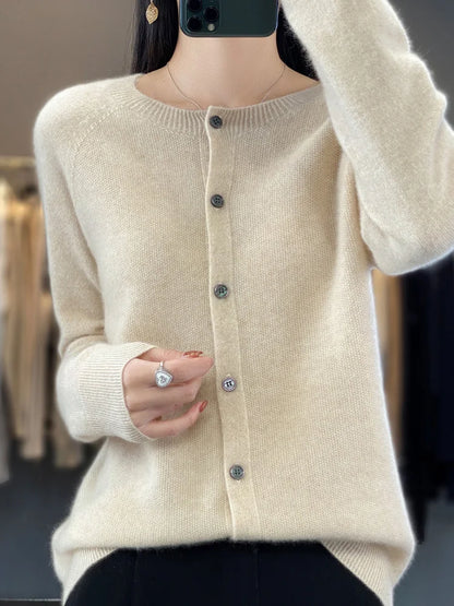 Comfortable Cardigan Sweater for Women with Round Neck Long Sleeve Button Front Relaxed Knit Style