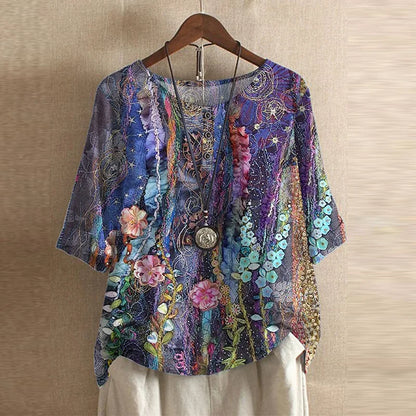 Effortless Patchwork Print Blouse for Women with Round Neck Half Sleeve Button Detail Boho Style