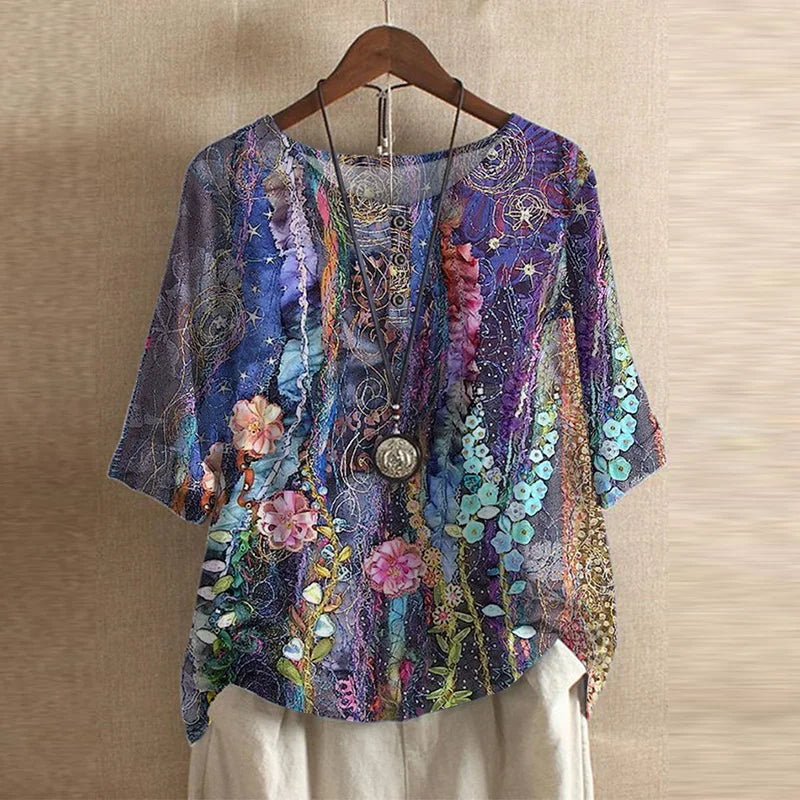 Effortless Patchwork Print Blouse for Women with Round Neck Half Sleeve Button Front Bohemian Style