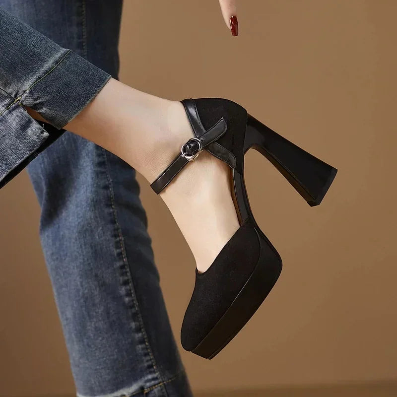 Stylish Suede Platform Pumps for Women with Mary Jane Buckle Strap Chunky Heel Style