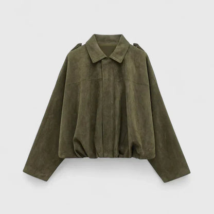 Effortless Suede Cropped Jacket for Women with Collar Long Sleeve Bubble Hem Oversized Relaxed Style