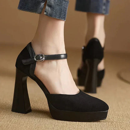 Stylish Suede Platform Pumps for Women with Mary Jane Buckle Strap Chunky Heel Style