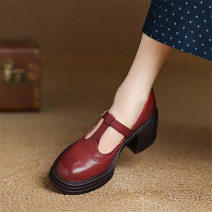 Stylish Leather Mary Jane Shoes for Women with T Strap Buckle Platform Chunky Heel Vintage Style