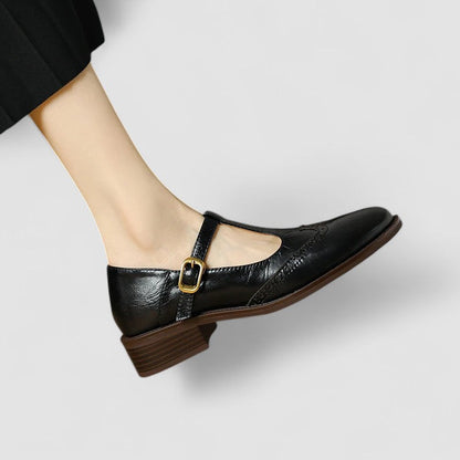 Elegant Leather Mary Jane Shoe for Women with T Strap Buckle Wingtip Brogue Style