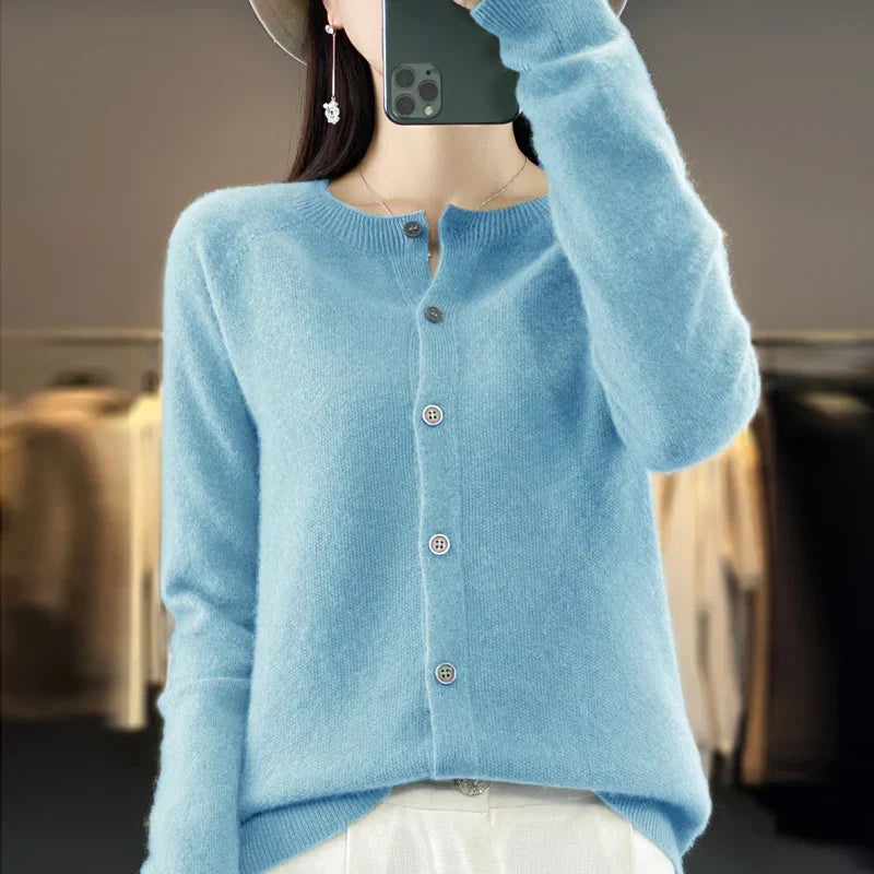 Comfortable Cardigan Sweater for Women with Round Neck Long Sleeve Button Front Relaxed Knit Style