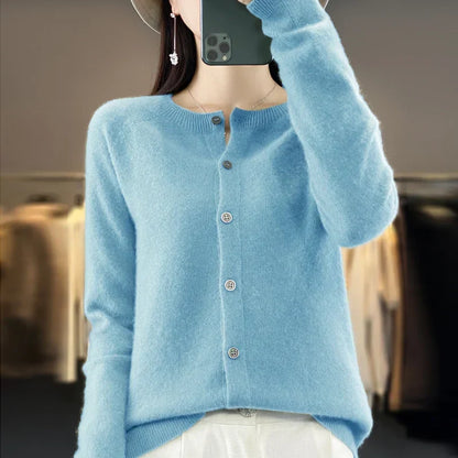 Comfortable Cardigan Sweater for Women with Round Neck Long Sleeve Button Front Relaxed Knit Style