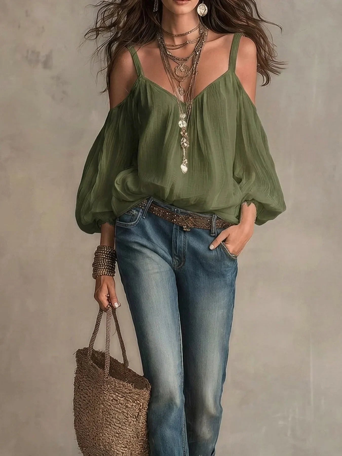 Effortless Cotton Gauze Blouse for Women with V Neck Cold Shoulder Balloon Sleeve Bohemian Style
